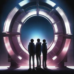 This high-resolution digital art image showcases three teenage boys standing before a dark, modern-style time gate