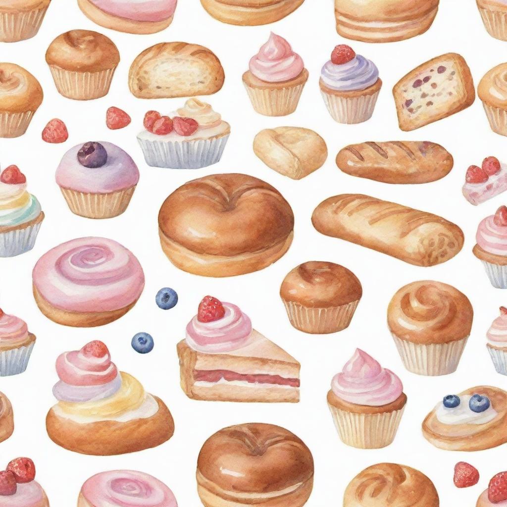 A variety of pastries and baked goods individually depicted in a pastel-colored watercolor style, set against a crisp white background.