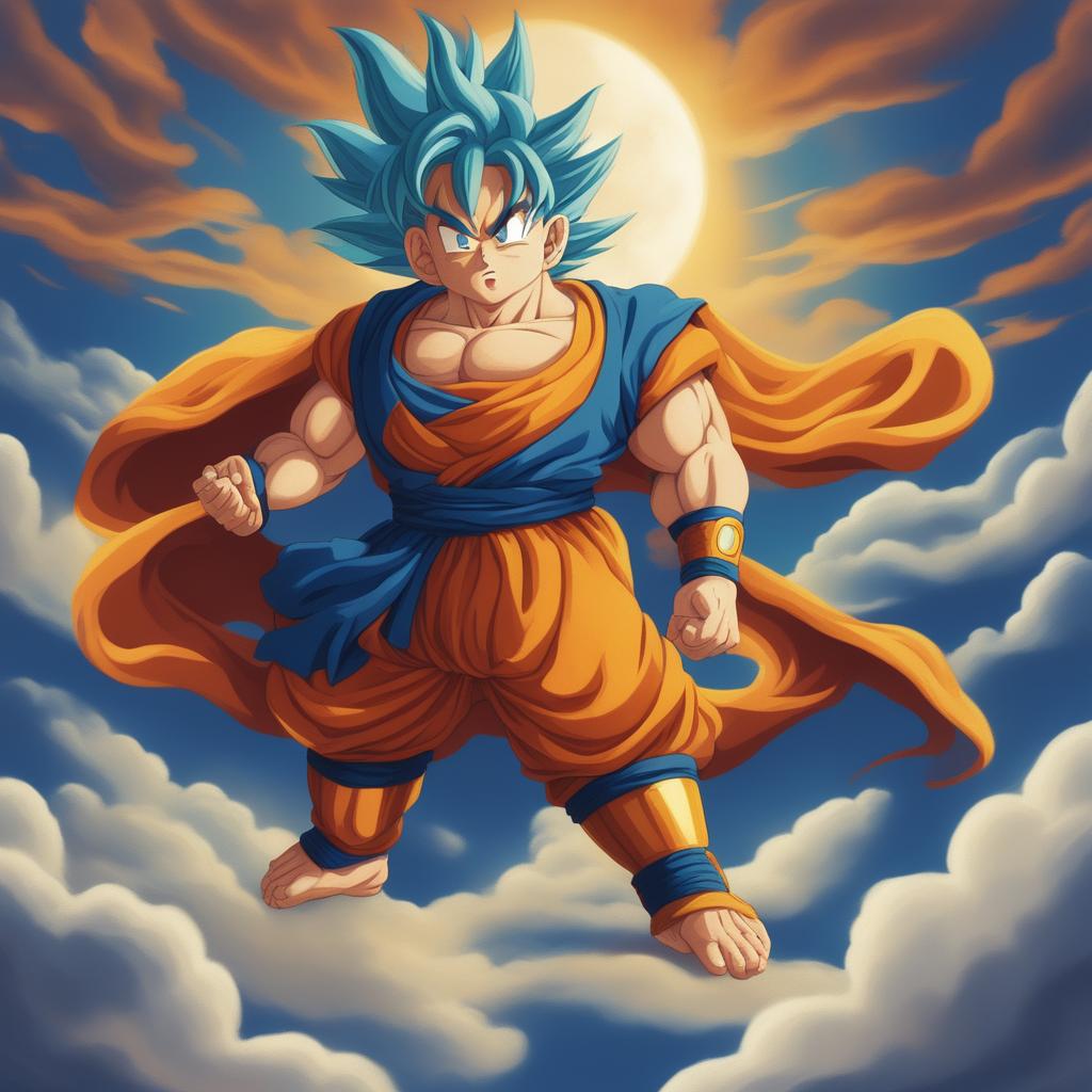 This is a high-quality digital art image of Goku from Dragonball, styled like a religious painting by Michelangelo