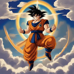 This is a high-quality digital art image of Goku from Dragonball, styled like a religious painting by Michelangelo