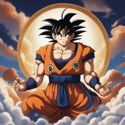 This is a high-quality digital art image of Goku from Dragonball, styled like a religious painting by Michelangelo