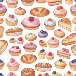 A variety of pastries and baked goods individually depicted in a pastel-colored watercolor style, set against a crisp white background.