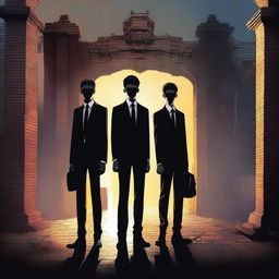 A high-quality digital art image presents three teenage boys standing before a modern, dark time gate