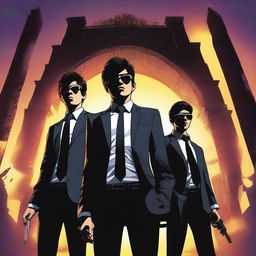 A high-quality digital art image presents three teenage boys standing before a modern, dark time gate