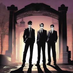 A high-quality digital art image presents three teenage boys standing before a modern, dark time gate