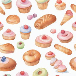 A variety of pastries and baked goods individually depicted in a pastel-colored watercolor style, set against a crisp white background.