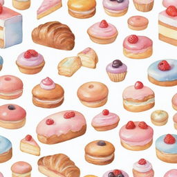 A variety of pastries and baked goods individually depicted in a pastel-colored watercolor style, set against a crisp white background.