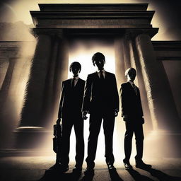 This is a high-quality digital art image depicting three teenage boys standing in front of a modern, dark time gate