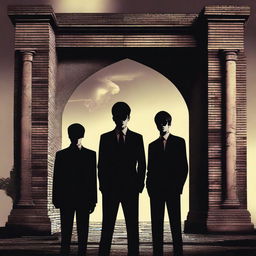 This is a high-quality digital art image depicting three teenage boys standing in front of a modern, dark time gate