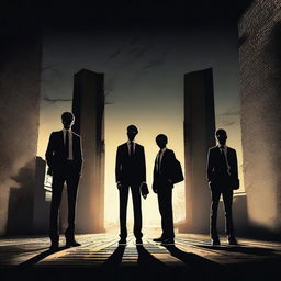 This is a high-quality digital art image depicting three teenage boys standing in front of a modern, dark time gate