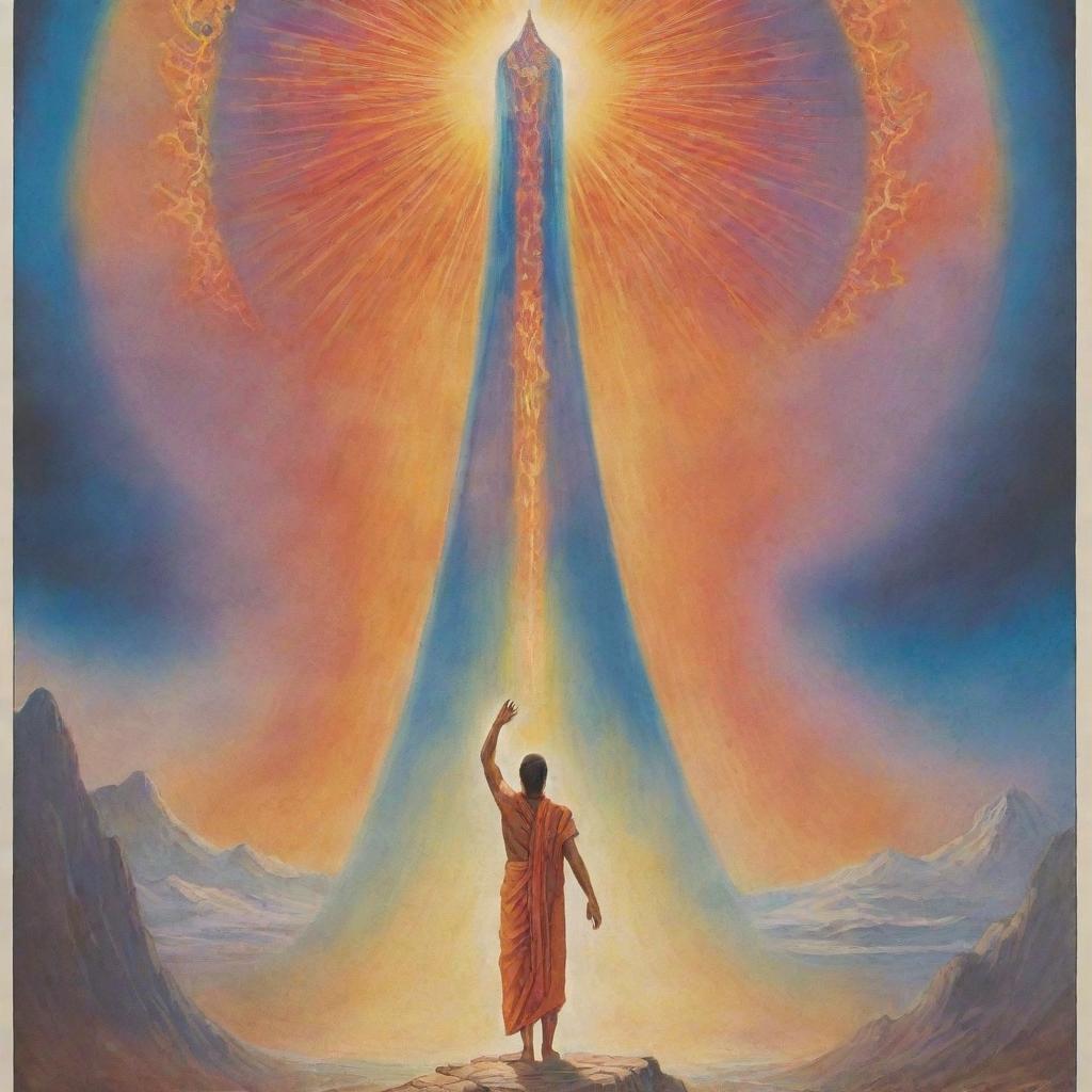 Illustrate a compelling and thought-provoking poster showing the pivotal moment that sparked belief in a higher power, including symbols, colors, and scenes that convey profound spiritual awakening.