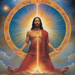 Illustrate a compelling and thought-provoking poster showing the pivotal moment that sparked belief in a higher power, including symbols, colors, and scenes that convey profound spiritual awakening.