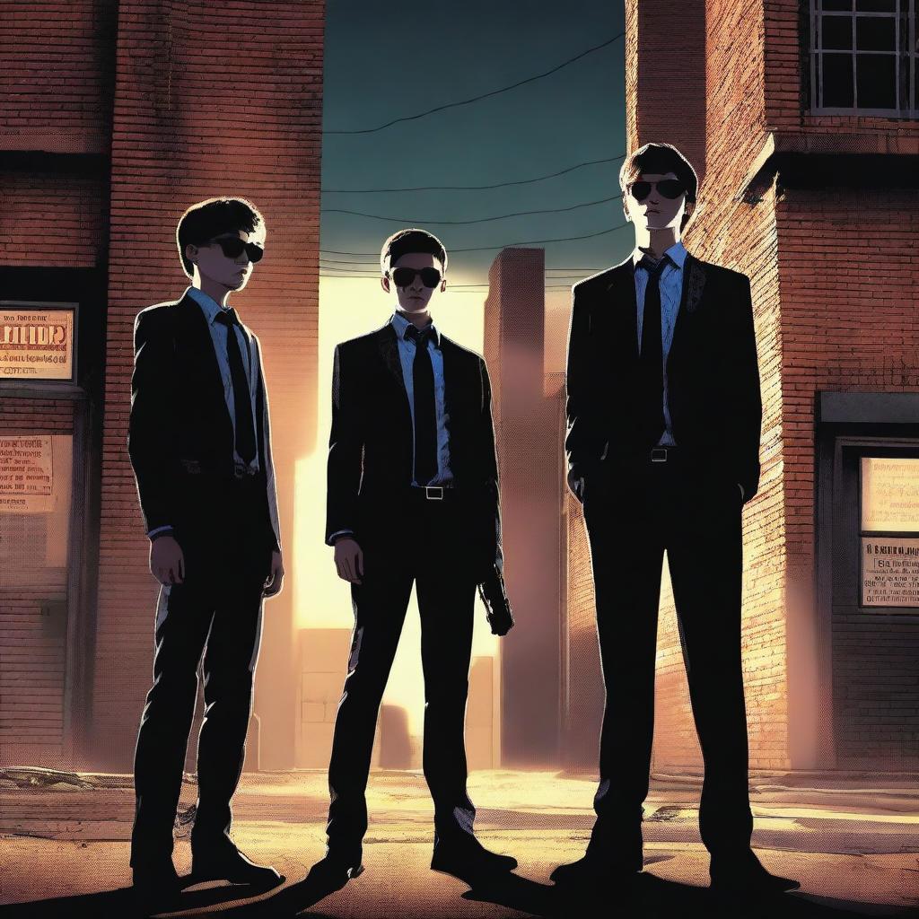 A high-resolution digital art image portrays three small-town teenage boys standing before a modern, dark time gate