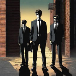 A high-resolution digital art image portrays three small-town teenage boys standing before a modern, dark time gate