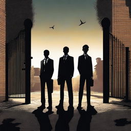 A high-resolution digital art image portrays three small-town teenage boys standing before a modern, dark time gate