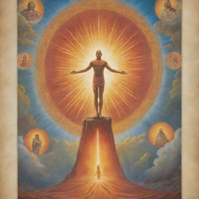 Illustrate a compelling and thought-provoking poster showing the pivotal moment that sparked belief in a higher power, including symbols, colors, and scenes that convey profound spiritual awakening.