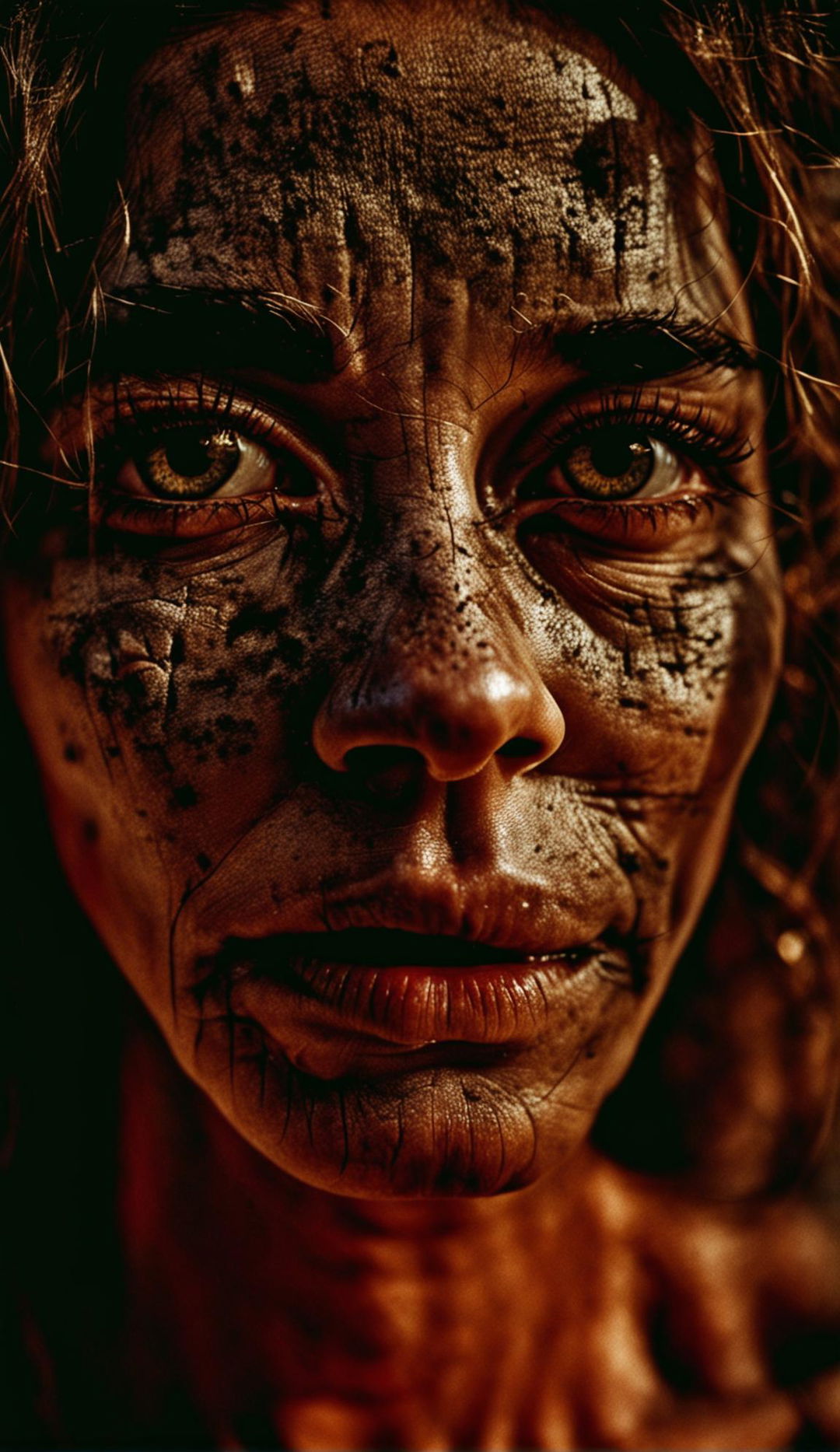 Ultra close-up grainy photograph of a weary but beautiful woman's face bathed in bright sunlight.