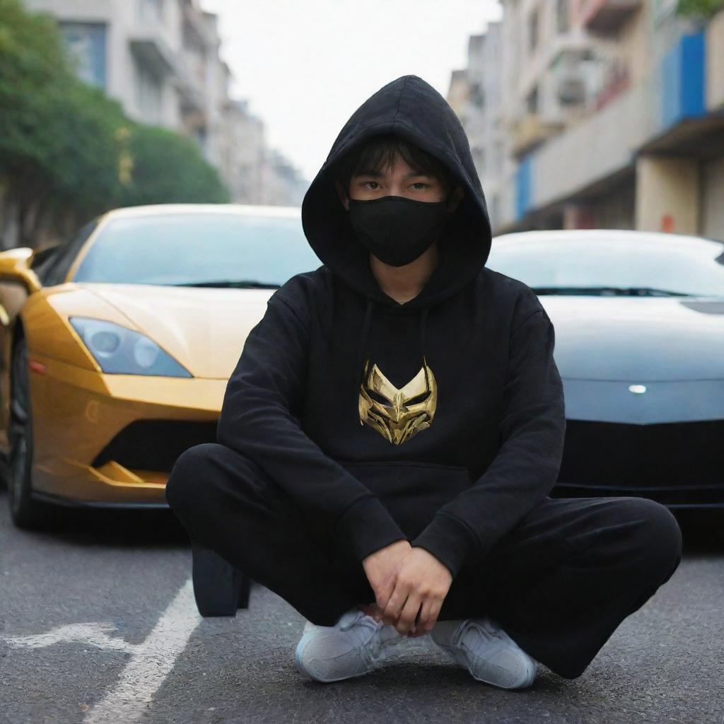 An image in a slight anime and 3D style, featuring a boy wearing a black hoodie with the name 'Anshu' on it and a mask, sitting on a road in front of a golden and black supercar.