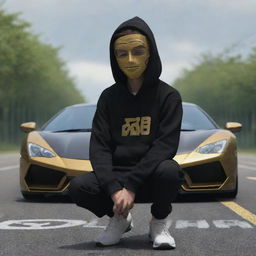 An image in a slight anime and 3D style, featuring a boy wearing a black hoodie with the name 'Anshu' on it and a mask, sitting on a road in front of a golden and black supercar.