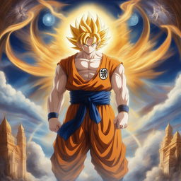 This image is a divine portrayal of Goku, depicted as a saintly figure in celestial realms