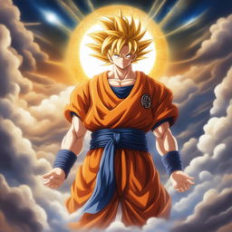 This image is a divine portrayal of Goku, depicted as a saintly figure in celestial realms