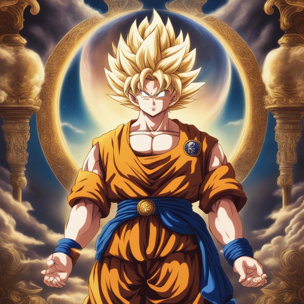 This image is a divine portrayal of Goku, depicted as a saintly figure in celestial realms