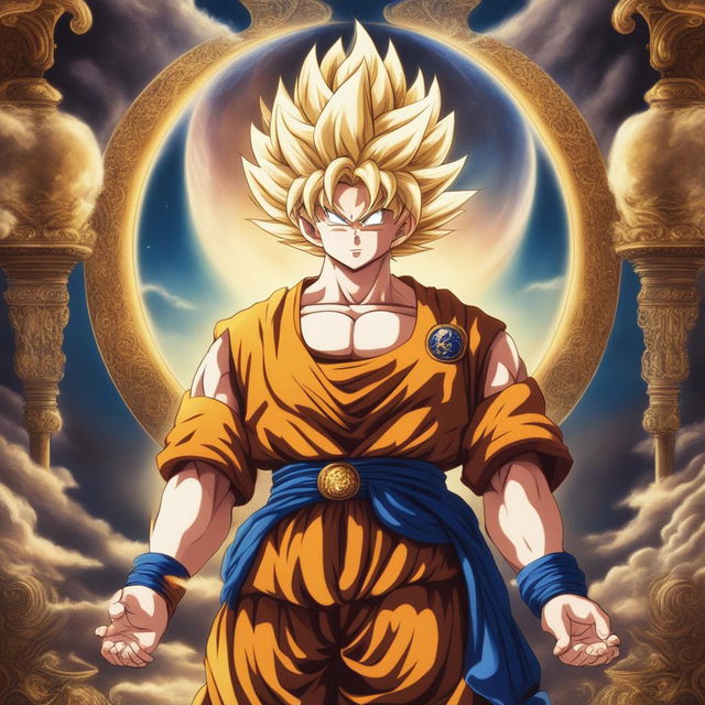 This image is a divine portrayal of Goku, depicted as a saintly figure in celestial realms