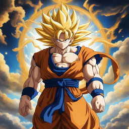 This image is a divine portrayal of Goku, depicted as a saintly figure in celestial realms