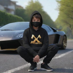 An image in a slight anime and 3D style, featuring a boy wearing a black hoodie with the name 'Anshu' on it and a mask, sitting on a road in front of a golden and black supercar.