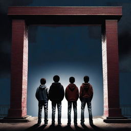 This is a high-quality digital art image showing three teenage boys standing in front of a modern, dark time gate