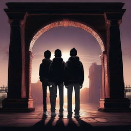 This is a high-quality digital art image showing three teenage boys standing in front of a modern, dark time gate