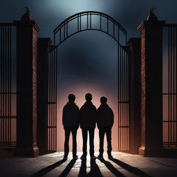 This is a high-quality digital art image showing three teenage boys standing in front of a modern, dark time gate