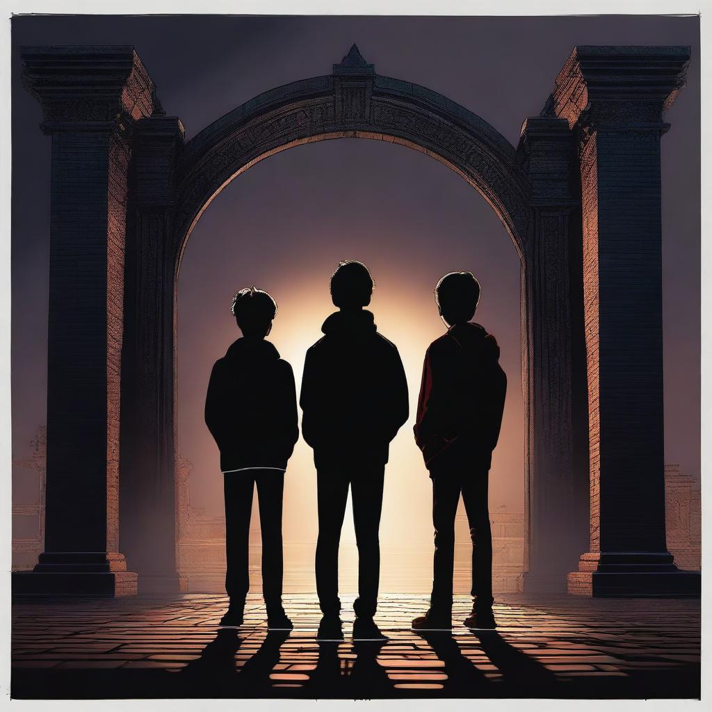 This is a high-quality digital art image showing three teenage boys standing in front of a modern, dark time gate