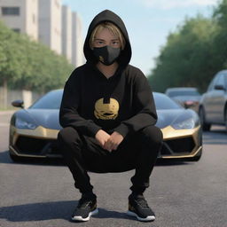 An image in a slight anime and 3D style, featuring a boy wearing a black hoodie with the name 'Anshu' on it and a mask, sitting on a road in front of a golden and black supercar.