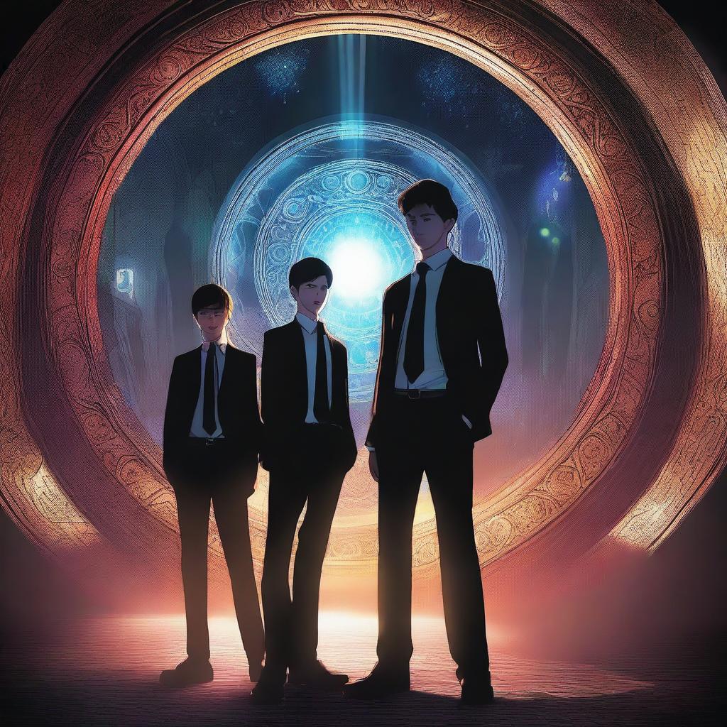 This is a high-quality digital art image that depicts three teenage boys standing in the foreground in front of a dark, mysterious time portal