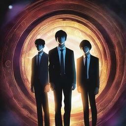 This is a high-quality digital art image that depicts three teenage boys standing in the foreground in front of a dark, mysterious time portal