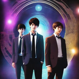 This is a high-quality digital art image that depicts three teenage boys standing in the foreground in front of a dark, mysterious time portal