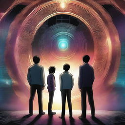 This is a high-quality digital art image that depicts three teenage boys standing in the foreground in front of a dark, mysterious time portal