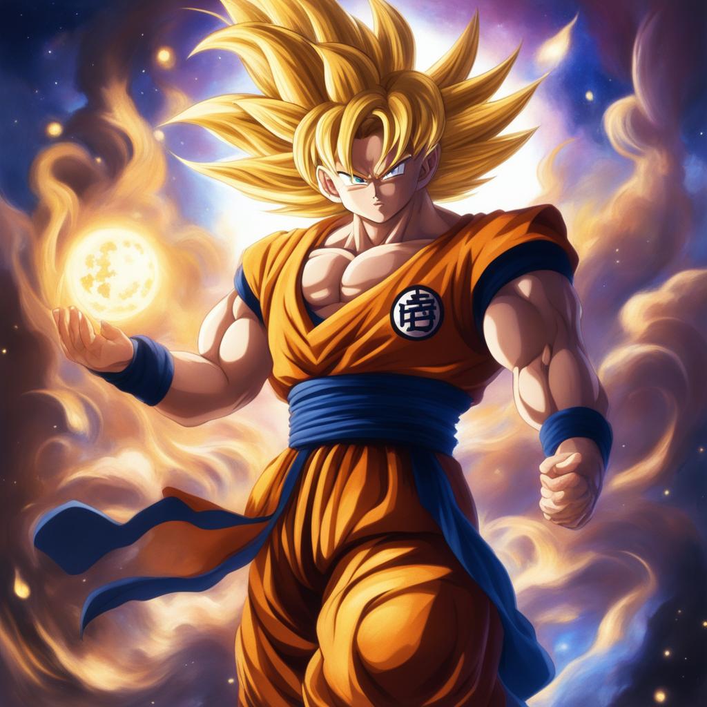 This breathtaking masterpiece features Goku as a celestial emissary, exalting the divine name of God