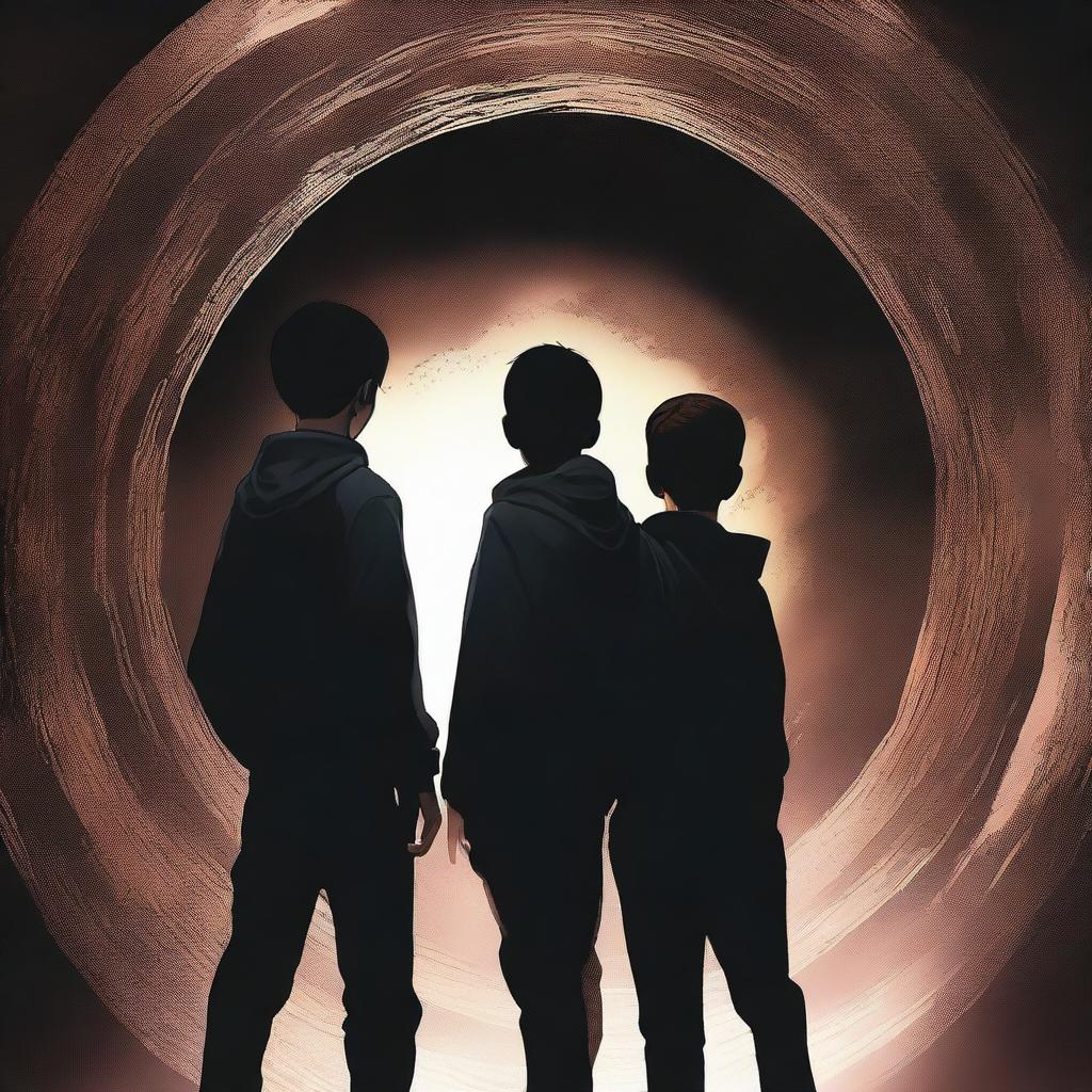 This high-quality digital art image features three teenage boys standing boldly in front of a dark, ominous time portal