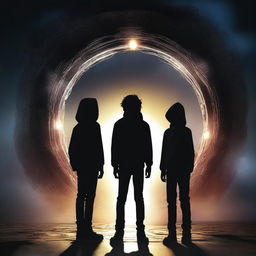 This high-quality digital art image features three teenage boys standing boldly in front of a dark, ominous time portal