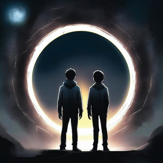 This high-quality digital art image features three teenage boys standing boldly in front of a dark, ominous time portal