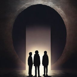 This high-quality digital art image features three teenage boys standing boldly in front of a dark, ominous time portal