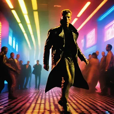 In the futuristic world of Blade Runner, the protagonist showcases his soft-shoe shuffle skills at a futuristic dance club.