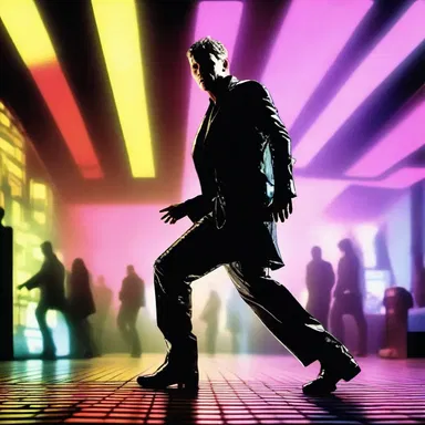 In the futuristic world of Blade Runner, the protagonist showcases his soft-shoe shuffle skills at a futuristic dance club.