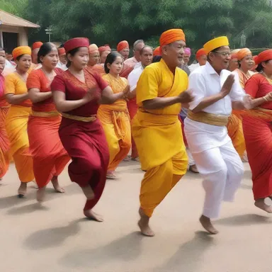 During the traditional religious ceremony, the devotees joyfully express their faith through the rhythmic soft-shoe shuffle dance.