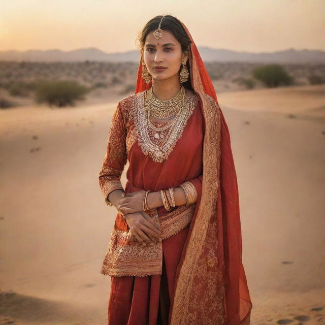 A graceful lady dressed in traditional Thar attire, standing against the backdrop of the Thar desert, bathed in the golden hues of the setting sun