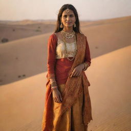 A graceful lady dressed in traditional Thar attire, standing against the backdrop of the Thar desert, bathed in the golden hues of the setting sun