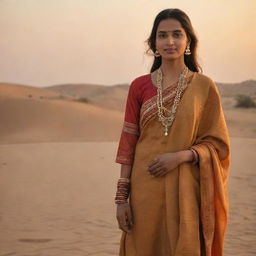 A graceful lady dressed in traditional Thar attire, standing against the backdrop of the Thar desert, bathed in the golden hues of the setting sun