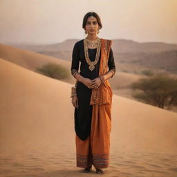 A graceful lady dressed in traditional Thar attire, standing against the backdrop of the Thar desert, bathed in the golden hues of the setting sun